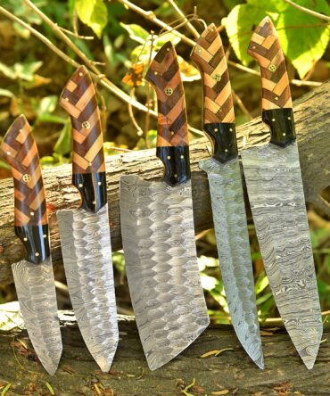 Hand Forged Damascus 5 Pieces Super Sharp knives Set with Leather Roll