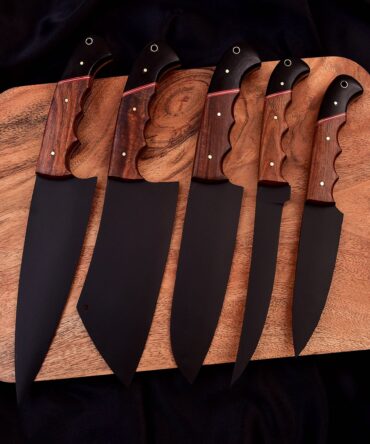 Handmade Stainless Steel Black Coated Chef Knife Set Of 5 PCS With Rosewood Handle Kitchen Knife