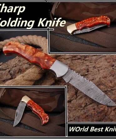 Handmade Damascus Pocket Knife With Resin Handle Birthday Gift Folding Knife Groomsmen Anniversary Gift Boyfriend Fathers day Gif (Copy)