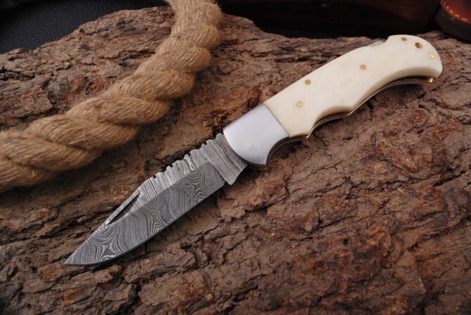 Handmade Damascus Pocket Knife With Camel Bone Handle Birthday Gift Folding Knife Groomsmen Anniversary Gift Boyfriend Fathers day Gif