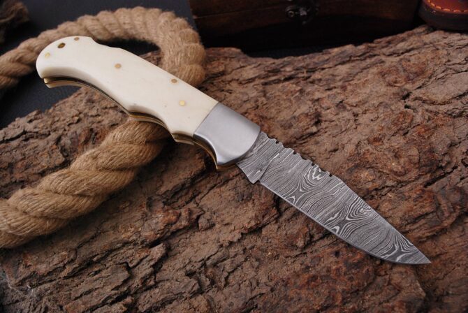 Handmade Damascus Pocket Knife With Camel Bone Handle Birthday Gift Folding Knife Groomsmen Anniversary Gift Boyfriend Fathers day Gif