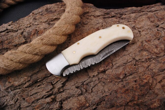 Handmade Damascus Pocket Knife With Camel Bone Handle Birthday Gift Folding Knife Groomsmen Anniversary Gift Boyfriend Fathers day Gif