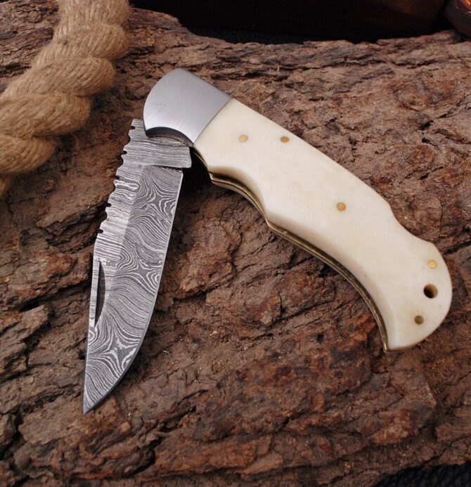 Handmade Damascus Pocket Knife With Camel Bone Handle Birthday Gift Folding Knife Groomsmen Anniversary Gift Boyfriend Fathers day Gif