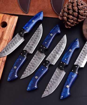 Handmade Damascus Steel 6-Piece Steak Knife Set with Blue Epoxy Resin Handle